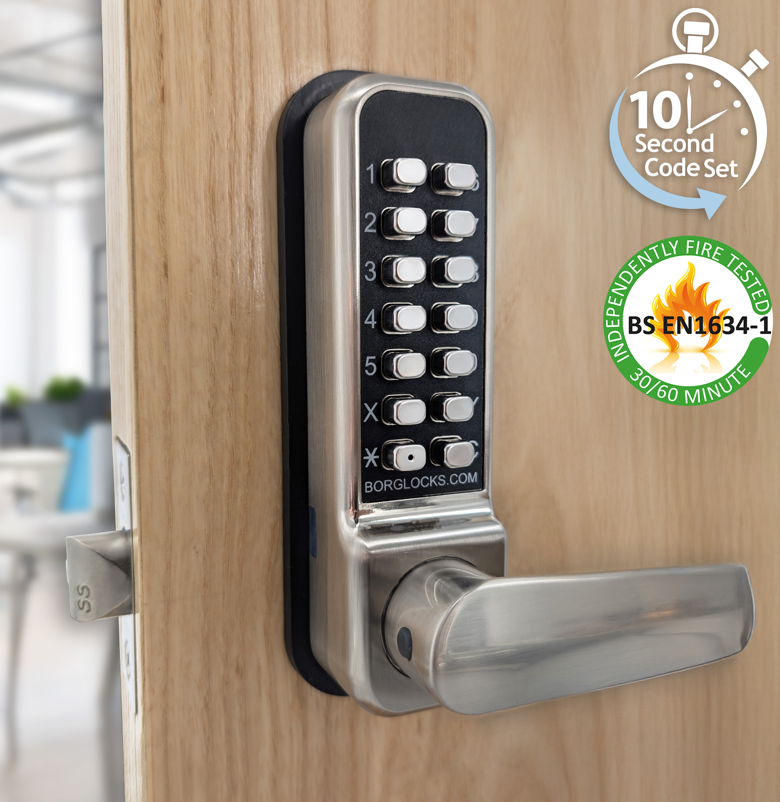 BL2401 ECP FT - Tubular latch, 30/60 minute fire tested free turning lever handle keypad, inside lever handle with holdback & ECP coding chamber