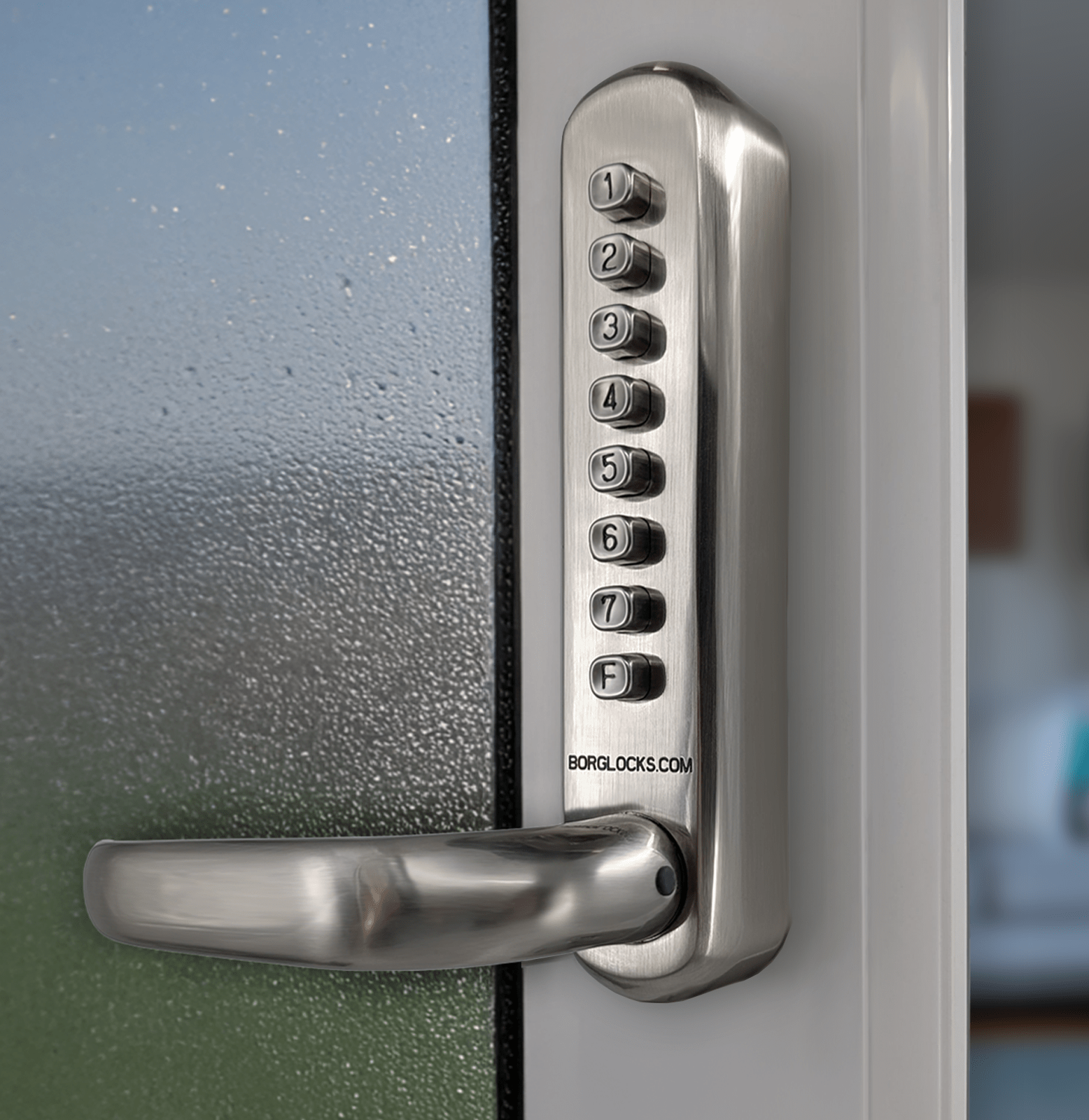 BL6000 SS stainless steel keypad lock fitted to metal security gate or door